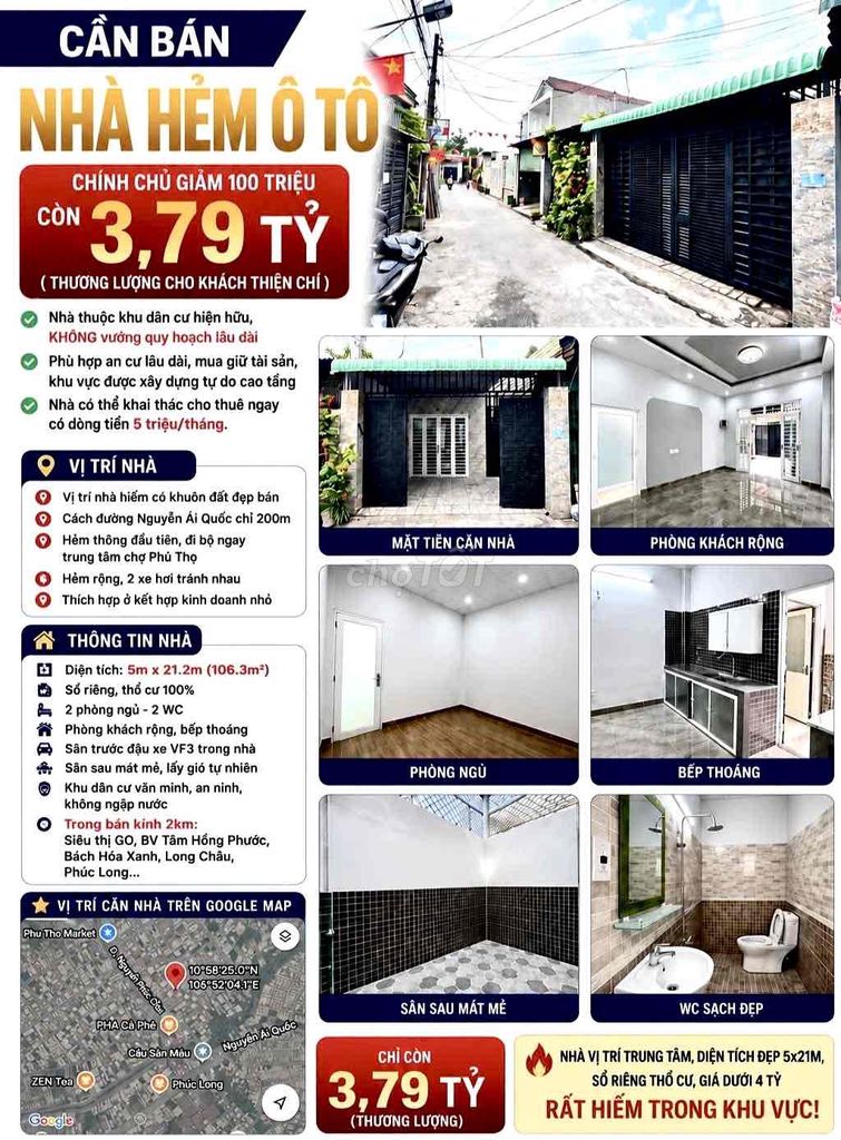 CHÍNH CHỦ BÁN NHÀ DÒNG TIỀN-106M2 THỔ CƯ-HẺM THÔNG XH-NGAY CHỢ-3.79 TỶ