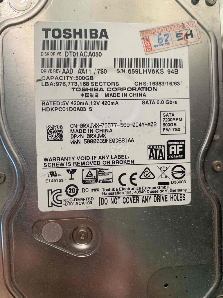 Ổ cứng HDD Toshiba 500GB SATA 7200RPM 100%. Mua bán Linh kiện (RAM, Card...) tại Huyện An Lão Hải Phòng được đăng bởi A Minh  hình 1
