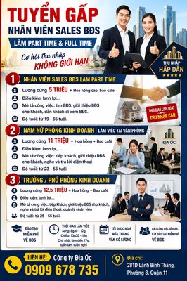 *** NHÂN VIÊN SALES BĐS LÀM PART TIME: