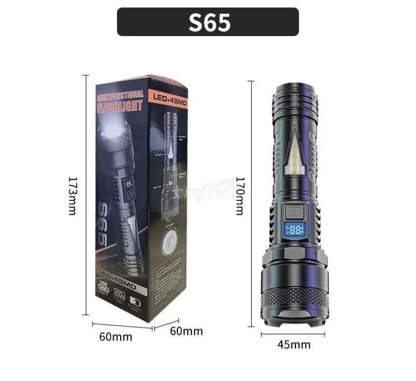 Đèn lin siêu sáng S65 có hiển thị pin. Zoom và sạc