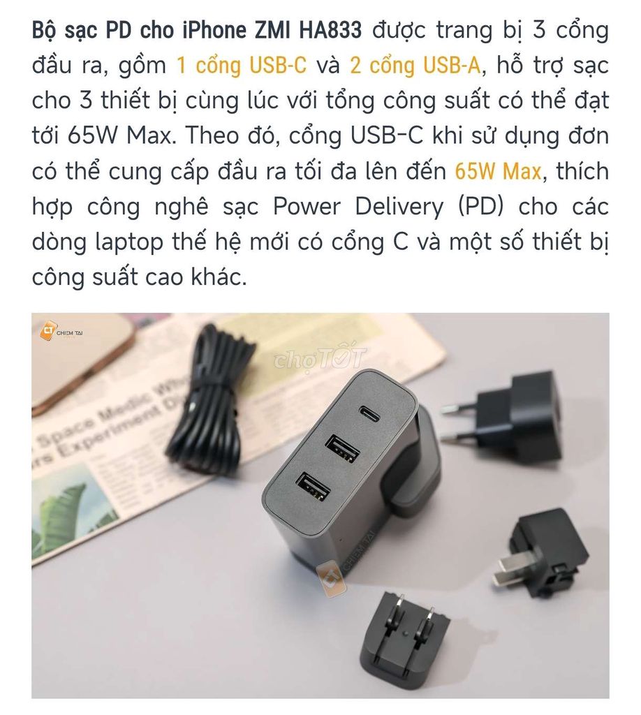Củ sạc du lịch Xiaomi XMI 65W Đen. Mua bán Phụ kiện (Màn hình, Chuột...) tại Quận 3 Tp Hồ Chí Minh được đăng bởi Ngô Hữu Nam hình 1