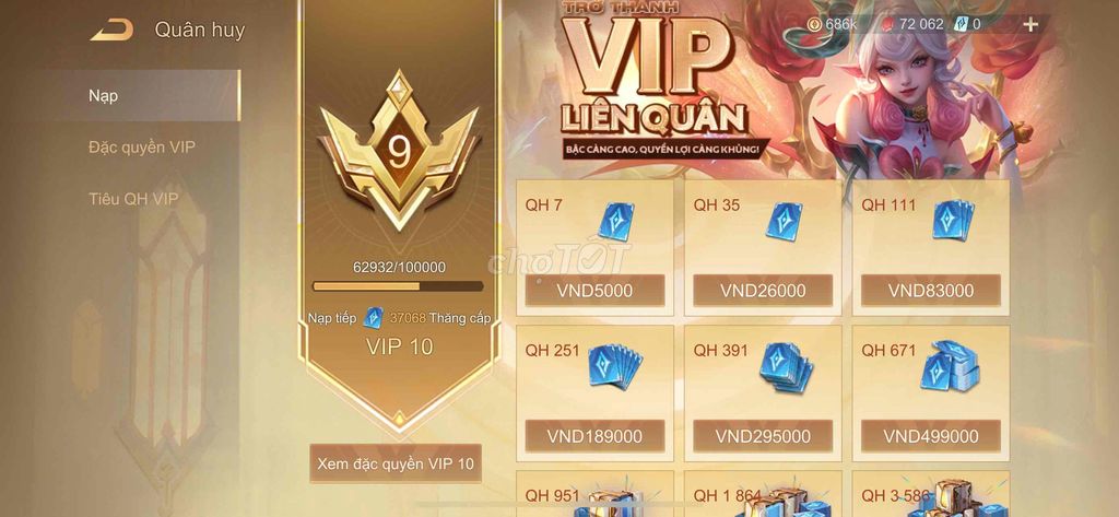 Tài khoản Liên Quân Mobile cấp 10 nhiều tướng