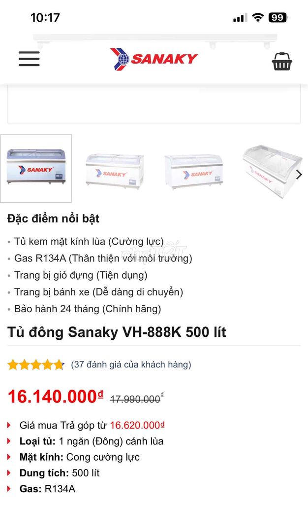 Tủ đông kính trưng bày Sanaky 500L