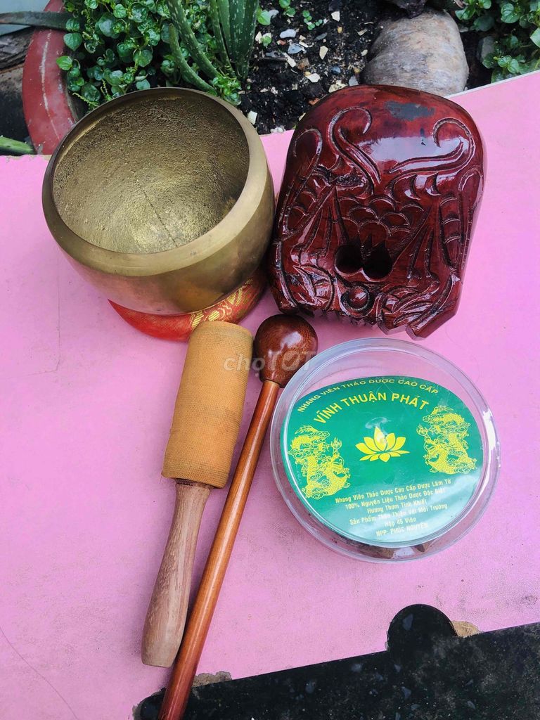 Bộ chuông mõ tụng kinh Đồng Gỗ Nâu Vàng