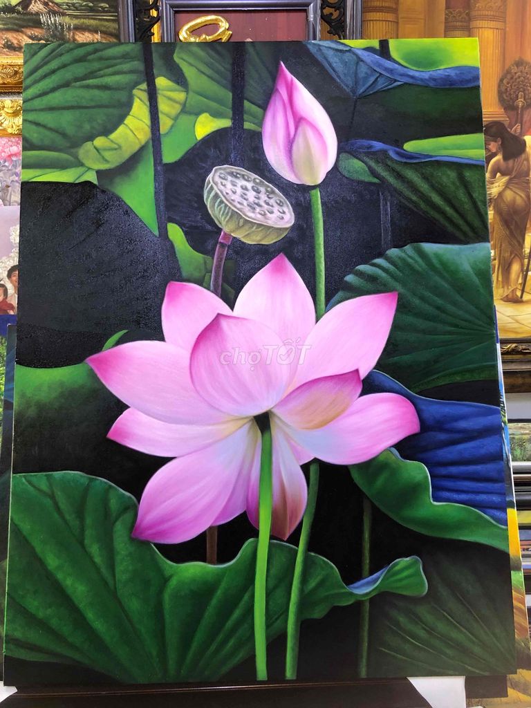 Tranh sơn dầu Hoa sen 75x100 cm Hồng Xanh. Mua bán Đồ sưu tầm, đồ cổ tại Quận 5 Tp Hồ Chí Minh được đăng bởi Vo Thi Mai  hình 1