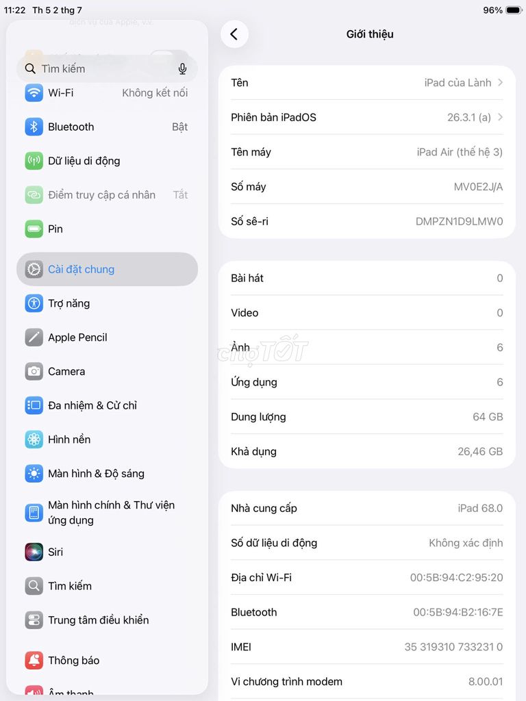 Apple iPad Air 3 64GB Like New. Mua bán Máy tính bảng tại Thành phố Dĩ An Bình Dương được đăng bởi Tên chưa cung cấp hình 1