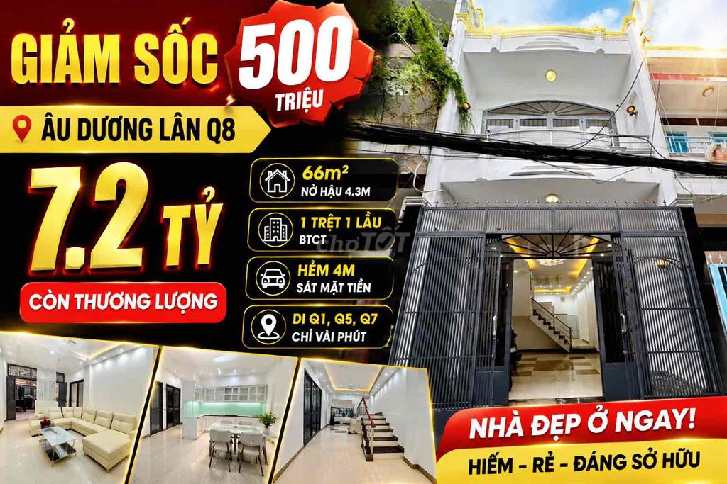 GIẢM 500TR‼️NHÀ HXH ÂU DƯƠNG LÂN- 66M2- CHỈ 7.2 TỶ TL- NHÀ ĐẸP, Ở NGAY