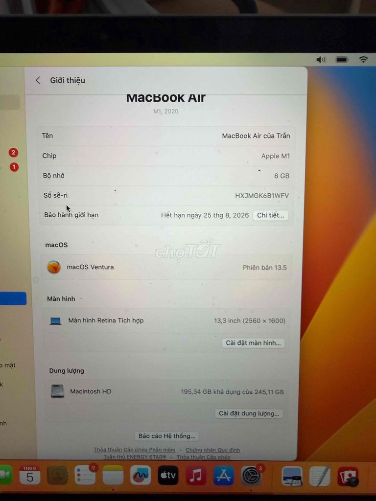 Apple Macbook Air M1 8GB/256GB Xám. Mua bán Laptop tại Quận Cầu Giấy Hà Nội được đăng bởi Thức Nguyễn hình 1