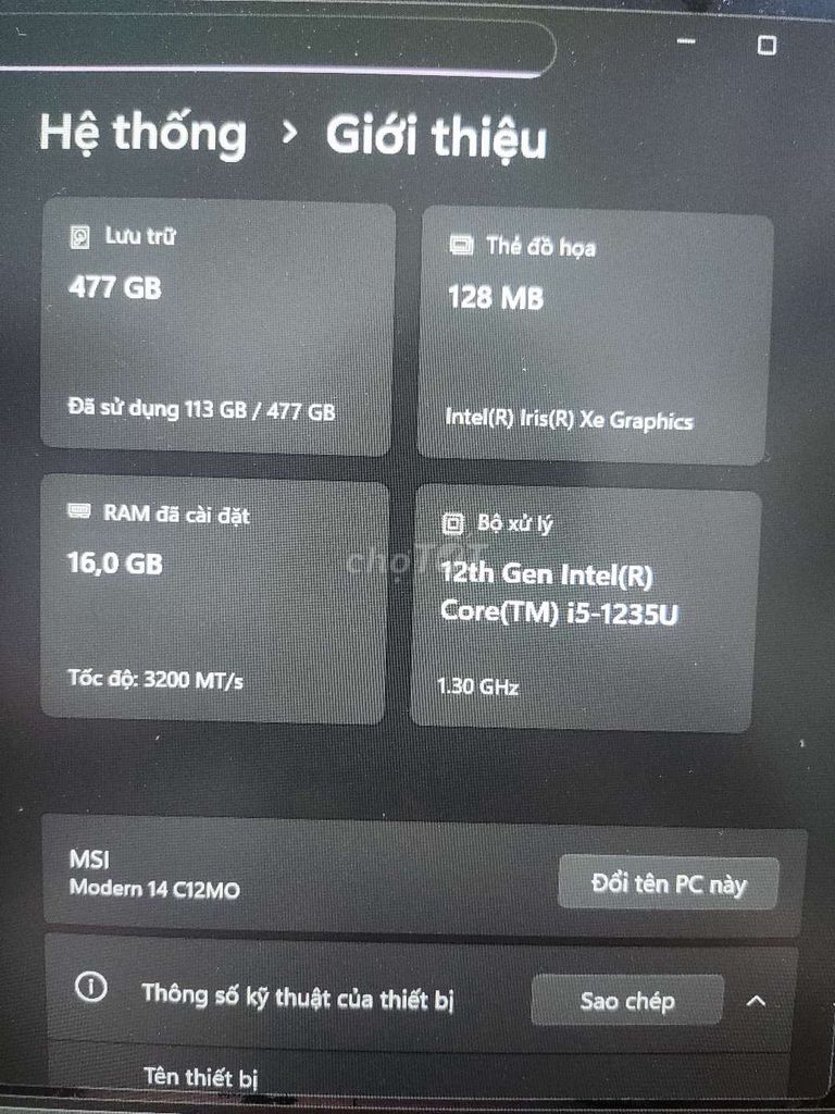 MSI Modern 14 C12MO i5-1235U 16GB/477GB 99% mới. Mua bán Laptop tại Huyện Long Điền Bà Rịa - Vũng Tàu được đăng bởi Anh Kiet Nguyen Tran hình 1
