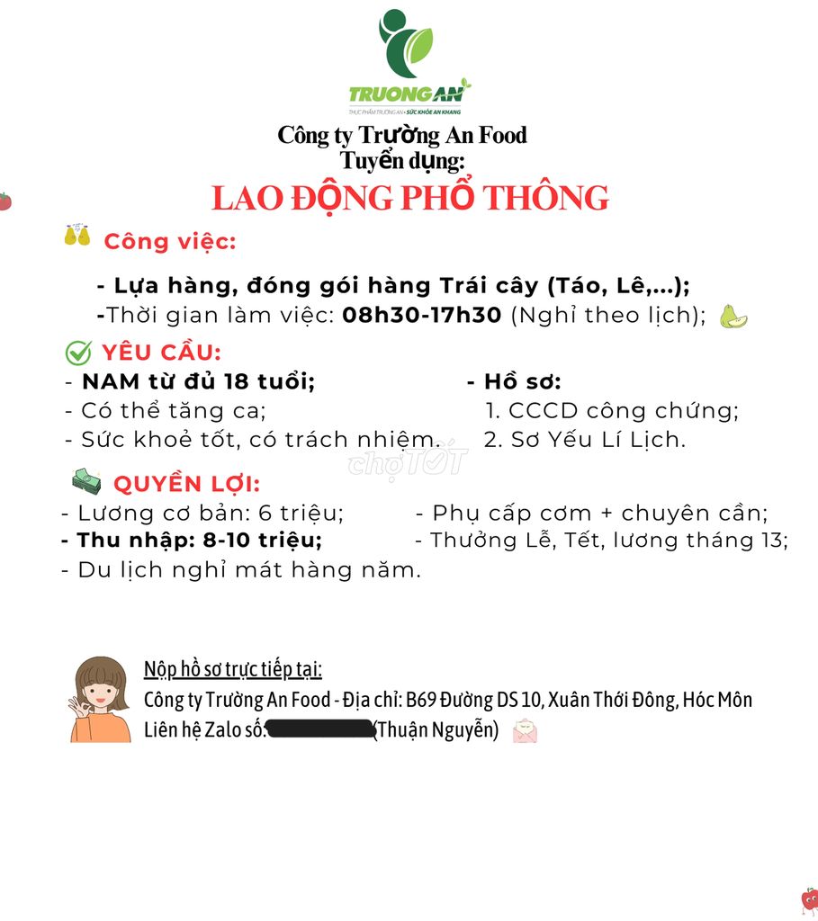 Cần tuyển: Lao Động Phổ Thông - Nam