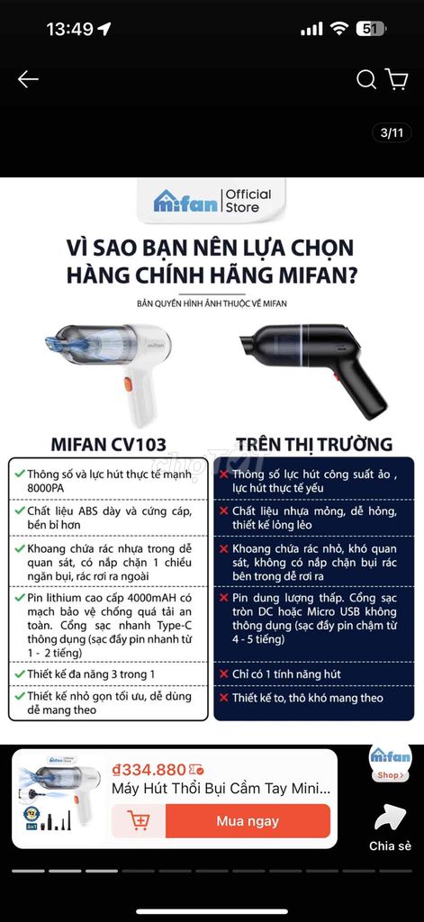 Máy hút bụi cầm tay Mifan, lực hút mạnh 8000PA