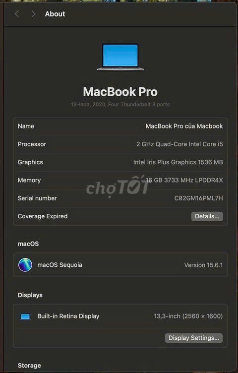 Apple MacBook Pro 2020 i5 13.3 inch 16GB. Mua bán Laptop tại Thành phố Thủ Đức Tp Hồ Chí Minh được đăng bởi Chánh Lực Nguyễn hình 1