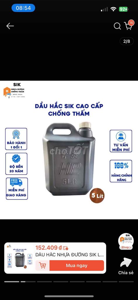 Dầu hắc SIK 5 lít Đen chống thấm. Mua bán Đồ chuyên dụng, Giống nuôi trồng tại Quận Liên Chiểu Đà Nẵng được đăng bởi Thanh Lý  hình 1