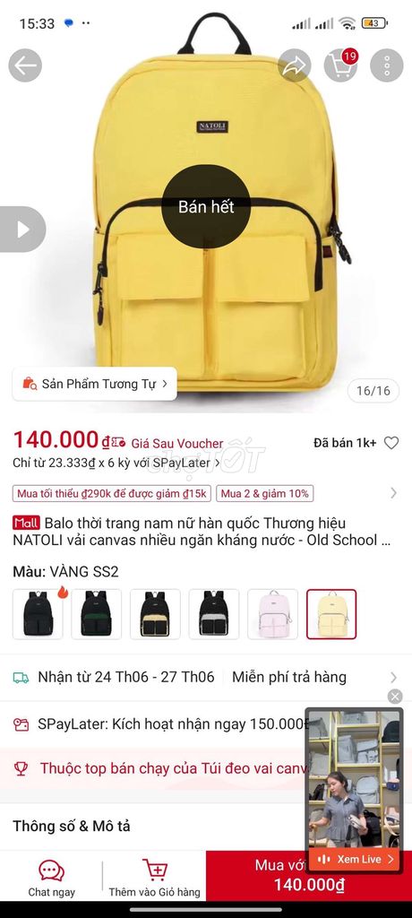 Balo Natoli Canvas Vàng. Mua bán Túi xách tại Thị xã Quảng Yên Quảng Ninh được đăng bởi Khánh Linh hình 1