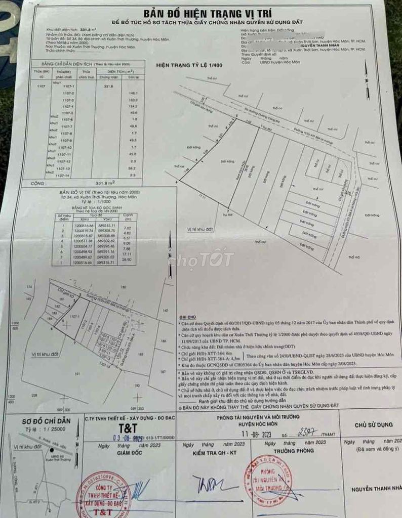 Cần bán 332m thổ cư phù hợp làm biệt thự kho xưởng XTT HM