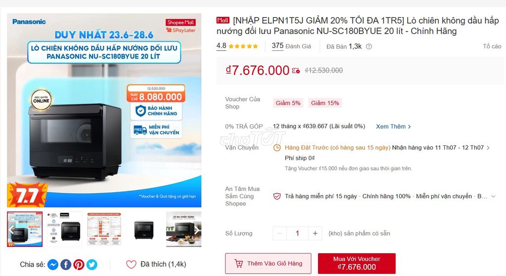 Lò chiên, hấp, nướng Panasonic NU-SC180BYUE 20 lít