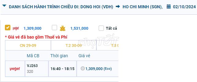 Đồng Hới (VDH) - Tân Sơn Nhất (SGN) 02/10/2024