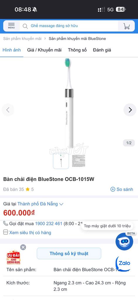 Bàn chải điện BlueStone OCB-1015W Trắng. Mua bán Phụ kiện thời trang khác tại Quận Cẩm Lệ Đà Nẵng được đăng bởi Linh hình 1