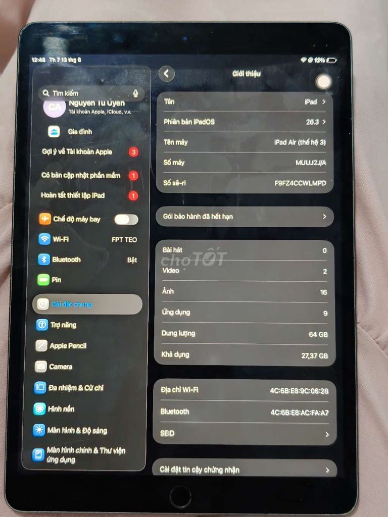 Apple iPad Air 3 Wifi 64GB Like New. Mua bán Máy tính bảng tại Quận 5 Tp Hồ Chí Minh được đăng bởi win hình 1