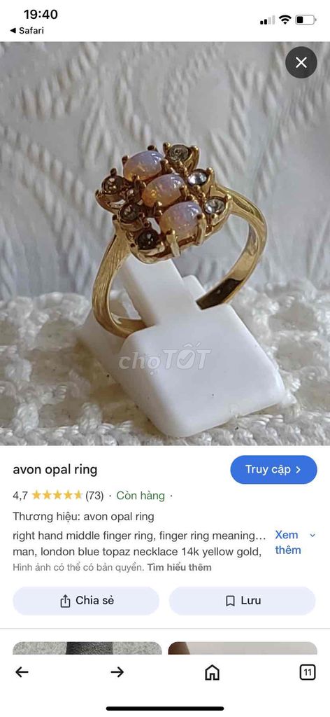 nhẫn nữ đính đá opal hàng ngoại lắc kê vàng 14 k