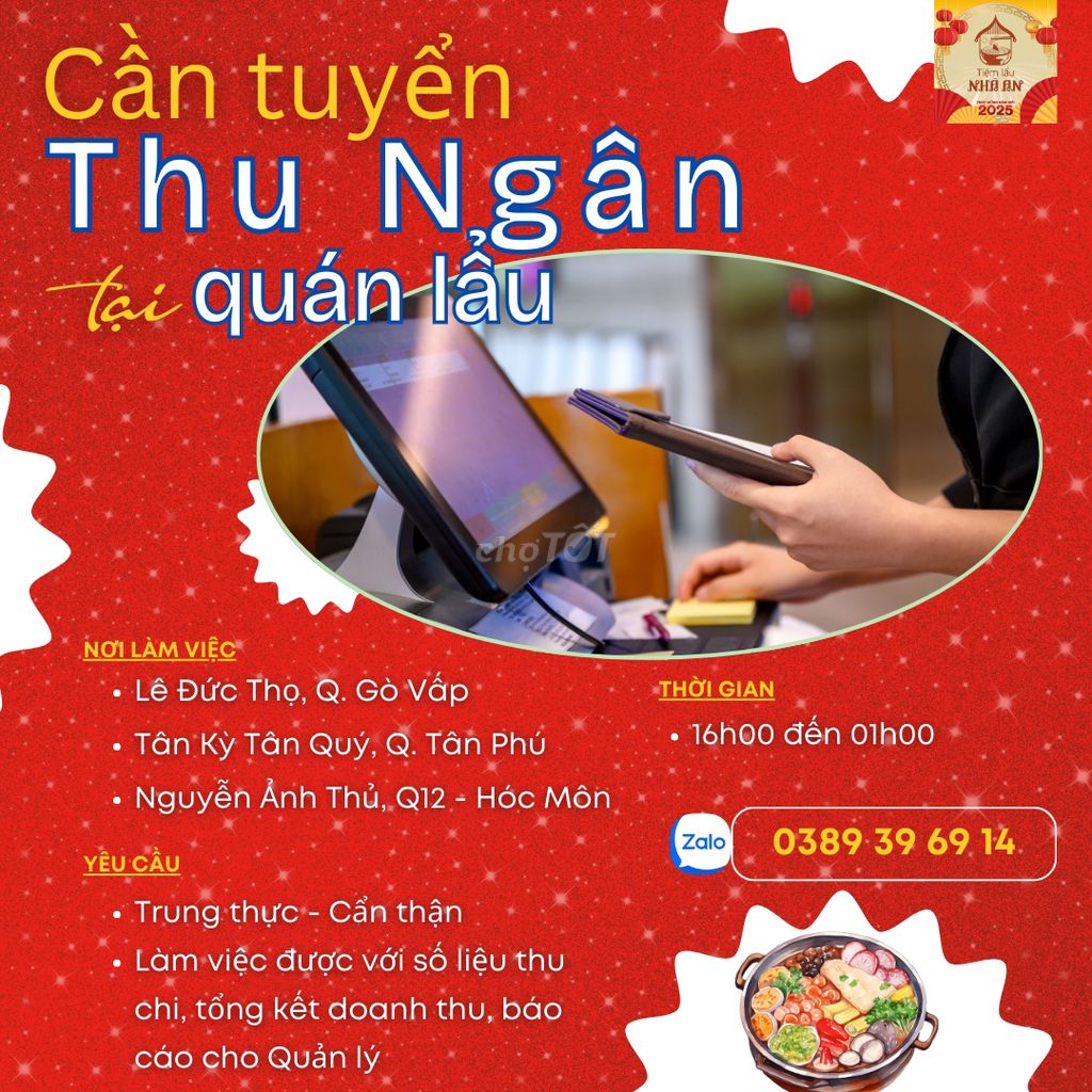 Tuyển THU NGÂN tại các chi nhánh Nguyễn Ảnh Thủ