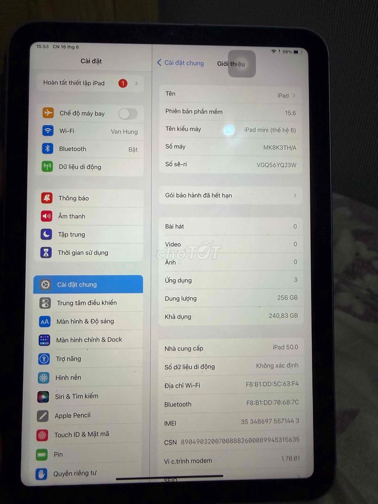 Apple iPad mini 6 5G 256GB Tím. Mua bán Máy tính bảng tại Thành phố Dĩ An Bình Dương được đăng bởi Hoàng Hùng hình 1