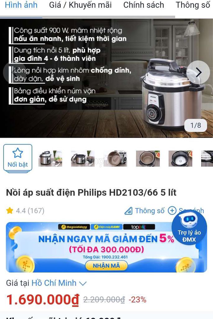 Nồi áp suất điện Philips HD2103/66 5 lít