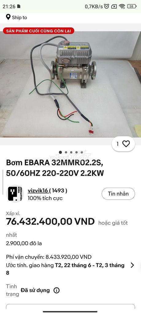Máy bơm EBARA 32MMR02.2SA Đã sử dụng. Mua bán Đồ chuyên dụng, Giống nuôi trồng tại Huyện Bình Xuyên Vĩnh Phúc được đăng bởi Gia Hương Đặng hình 1