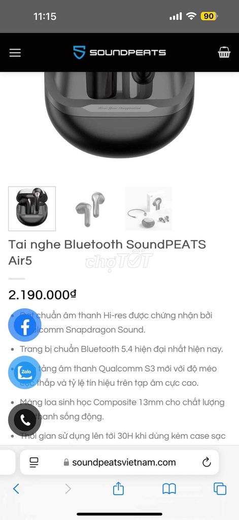 Tai nghe Bluetooth SoundPeats Air 5 đen full box