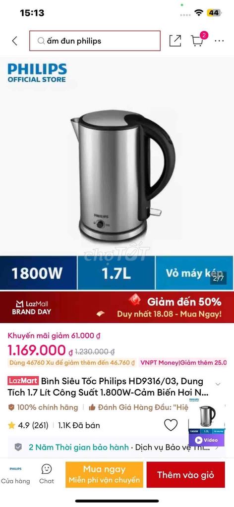 Bình siêu tốc Philips HD9316/03 Vỏ kép Bạc. Mua bán Bếp, lò, đồ điện nhà bếp tại Huyện Củ Chi Tp Hồ Chí Minh được đăng bởi Nguyễn Xuân Nghi hình 1