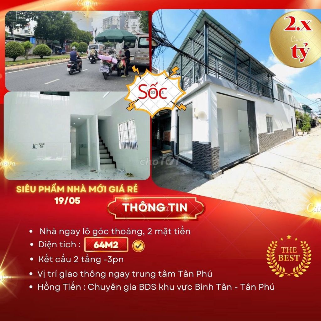 Bán nhà ngay 19/5 - DT 64m2 -Hẻm Oto thông - 2 mt - Giá 2.9 Tỷ