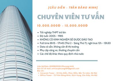 TUYỂN NHÂN VIÊN TƯ VẤN (KHÔNG YÊU CẦU KINH NGHIỆM)