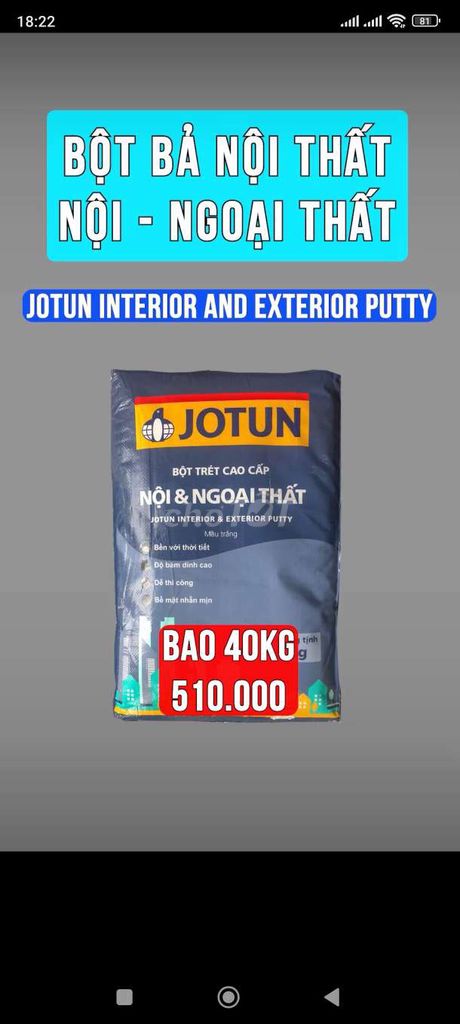 Bột trét tường Jotun 40kg. Mua bán Nội thất, đồ gia dụng khác tại Thành phố Long Xuyên An Giang được đăng bởi Uy Luong hình 1