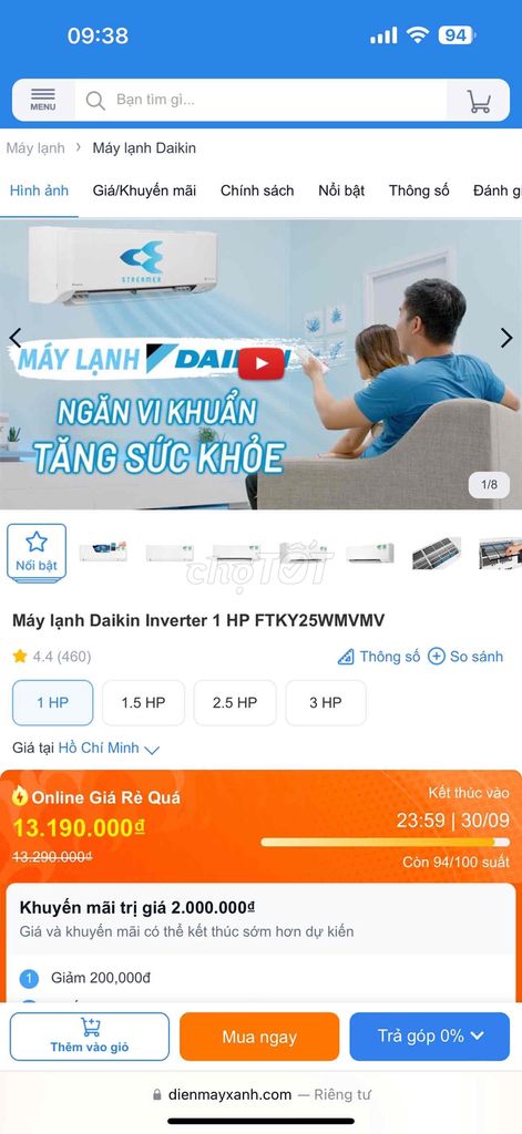 máy lạnh dakin mới 90% inverter 1 ngựa