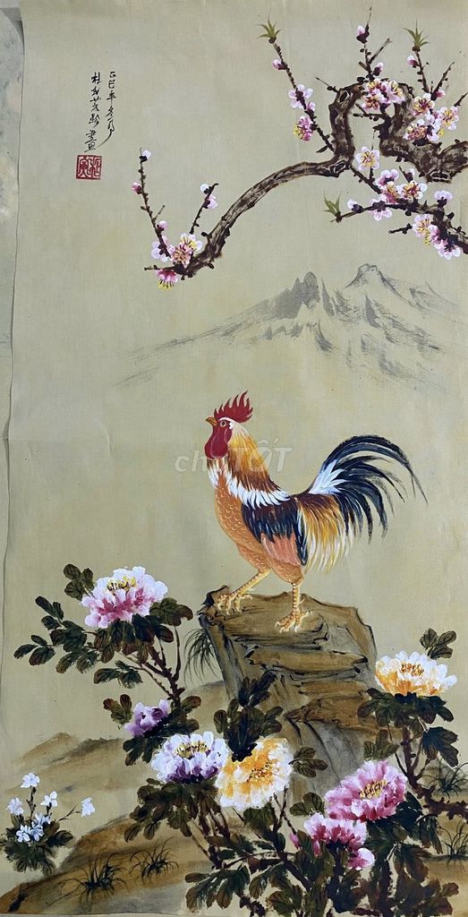 Tranh Tết Gà trống, hoa đào. Mua bán Đồ sưu tầm, đồ cổ tại Quận Hai Bà Trưng Hà Nội được đăng bởi Lê Văn Trung hình 1