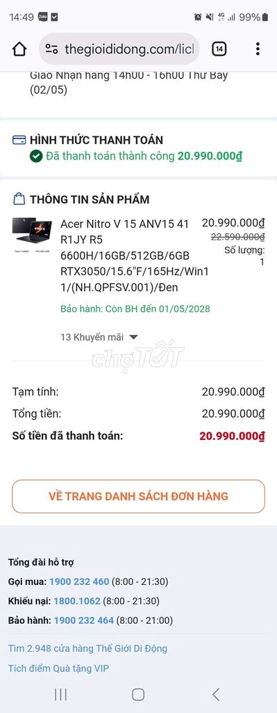 Acer Nitro V 15 ANV15  6600H 16GB/512GB RTX3050. Mua bán Laptop tại Quận Tây Hồ Hà Nội được đăng bởi Mai Văn Bách hình 1