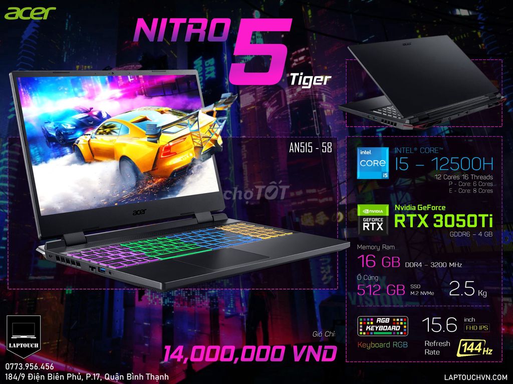Acer Nitro 5 Tiger i5-12th 16GB/512GB RTX3050Ti. Mua bán Laptop tại Quận Bình Thạnh Tp Hồ Chí Minh được đăng bởi Cửa Hàng Máy Tính Laptouch VN hình 1
