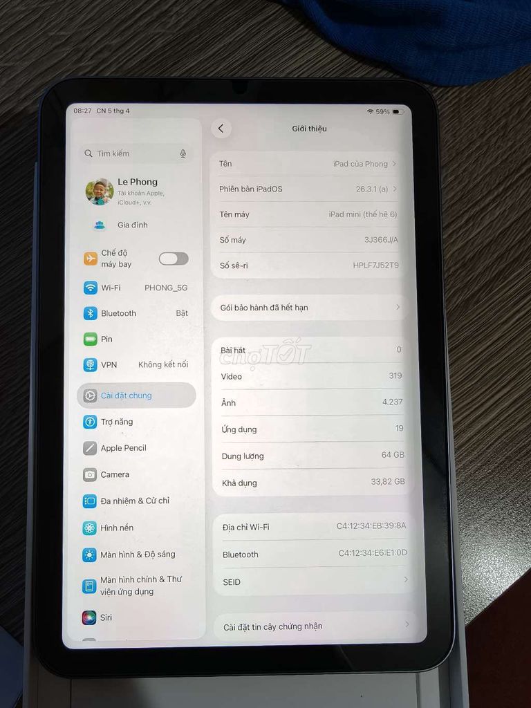 Apple iPad mini 6 64GB Tím Đã sử dụng. Mua bán Máy tính bảng tại Thành phố Thủ Dầu Một Bình Dương được đăng bởi Lê Hồng Phong hình 1