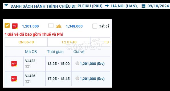 Pleiku (PXU) - Nội Bài (HAN) 09/10/2024