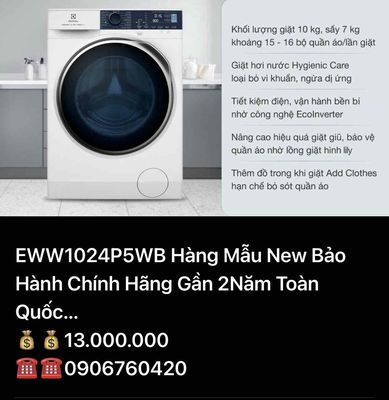 Giặt Sấy Electrolux 10Kg EWW1024P5WB Hàng Mẫu New