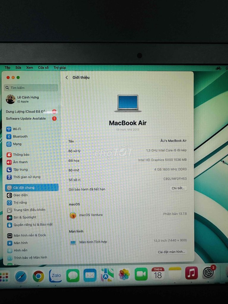 Apple MacBook Air i5 13.3 inch 4GB/SSD. Mua bán Laptop tại Quận 7 Tp Hồ Chí Minh được đăng bởi Lê Cảnh Hưng hình 1