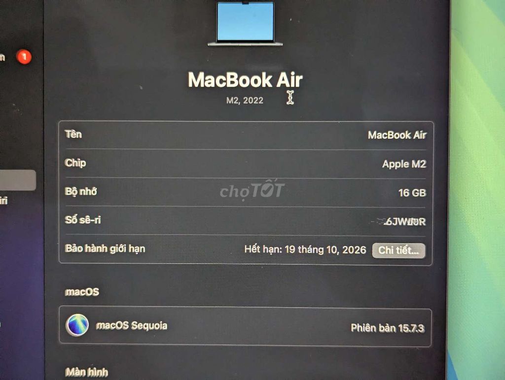 MacBookAir M2 16GB/256GB chính hãng, còn BH dài. Mua bán Laptop tại Thị xã Hương Thủy Thừa Thiên Huế được đăng bởi pXh hình 1