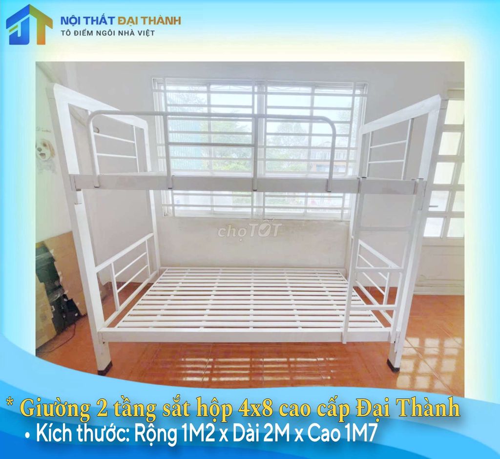 Giường 2 tầng sắt hộp 4x8 màu TRẮNG, HỎA TỐC HCM