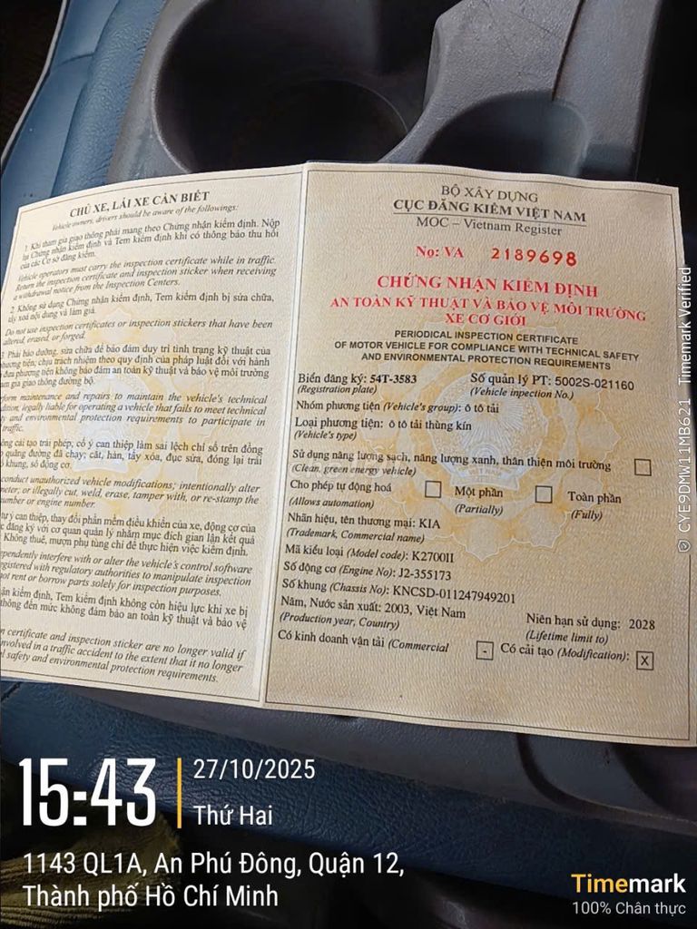 KIA 1T ĐỜI 2003. XE MỚI ĐĂNG KIỂM. Mua bán Xe tải, xe ben tại Quận 12 Tp Hồ Chí Minh được đăng bởi Minh Canh hình 4