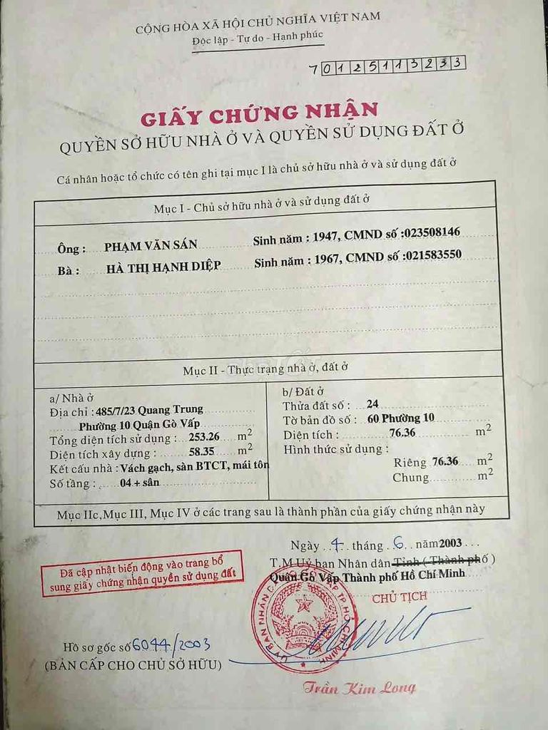 BÁN NHÀ chính chủ hẻm xe hơi đc: 499/11/21 Quang Trung,P10, Q. Gò Vấp