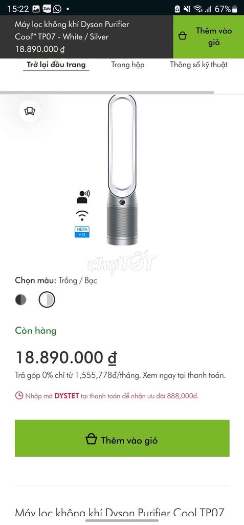 Pass máy lọc không khí Dyson TP07 màu white/silver