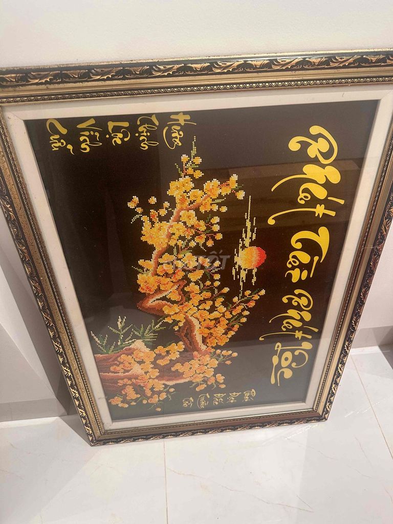 Tranh thêu khung gỗ kính nhiều màu