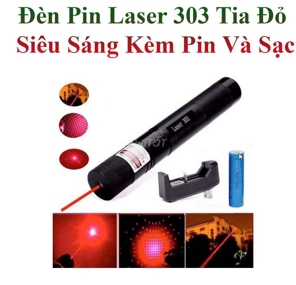 Đèn Pin Laser 303 Tia Đỏ-Xanh kèm pin+sạc