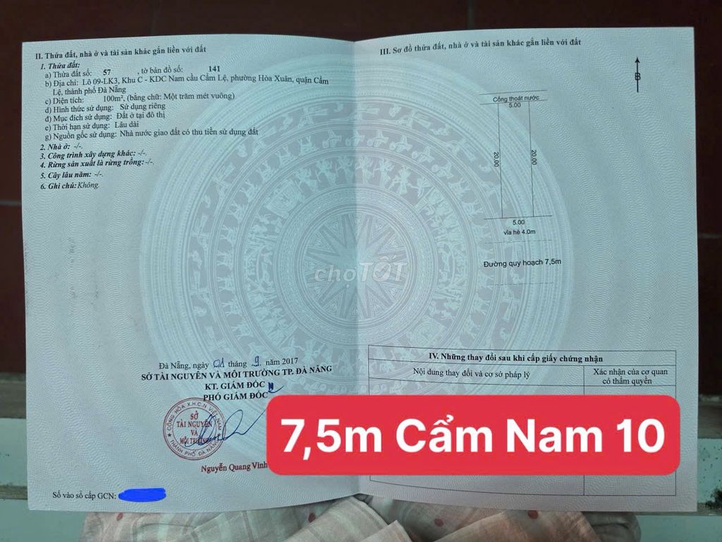 Bán đất đường 7,5m Cẩm Nam 10 - Hòa Xuân - Hướng Nam, gần công viên