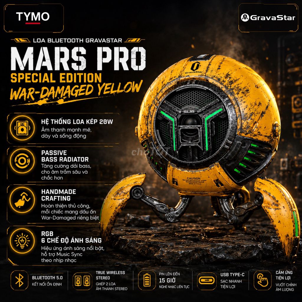 Loa Wireless GravaStar Mars Pro War-Damaged Yellow. Mua bán Tivi, Âm thanh tại Quận Phú Nhuận Tp Hồ Chí Minh được đăng bởi TYMO Việt Nam hình 1